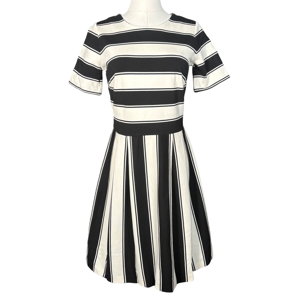 LOFT Black and White Striped Fit-and-Flare Dress